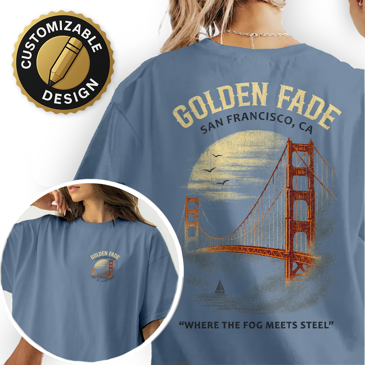 Golden Gate Bridge T-Shirt – San Francisco Golden Fade Tee, Vintage Foggy Sunset Design, California Coastal Souvenir