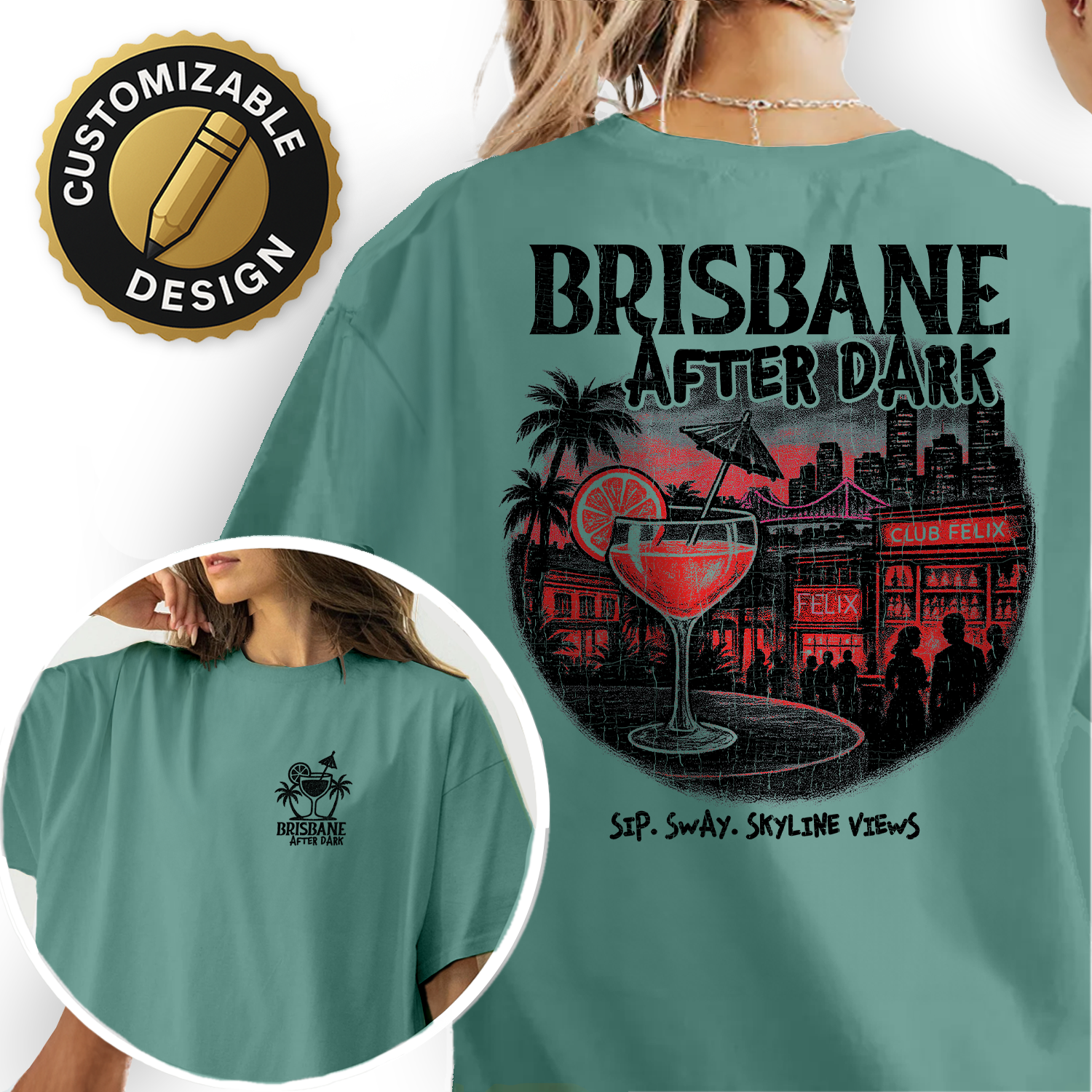 Brisbane After Dark T-Shirt | Nightlife Skyline Graphic Tee | Cocktail Party Shirt | Australia Travel Souvenir Top