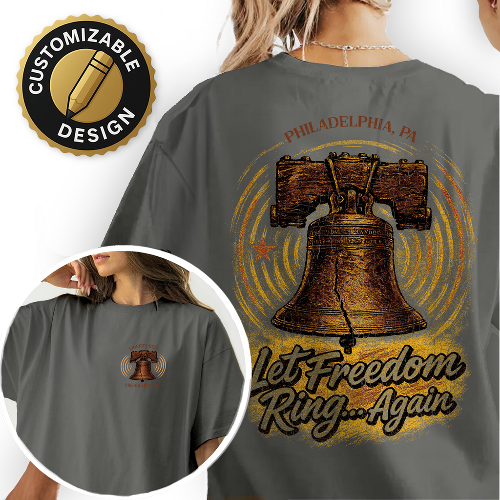 Vintage Liberty Bell Philadelphia t-shirt with “Let Freedom Ring” design, perfect souvenir or patriotic gift for history lovers.