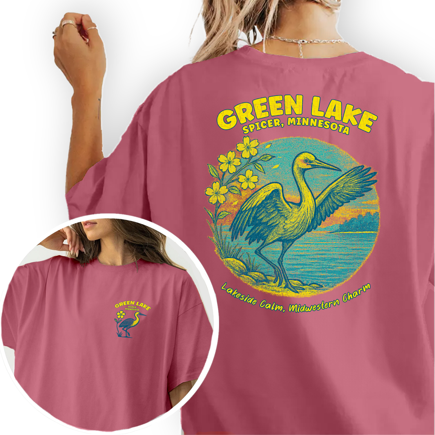 Green Lake Spicer Minnesota T-Shirt | Lakeside Bird Graphic Tee | Midwest Travel Souvenir Shirt | Lakeside Calm Charm
