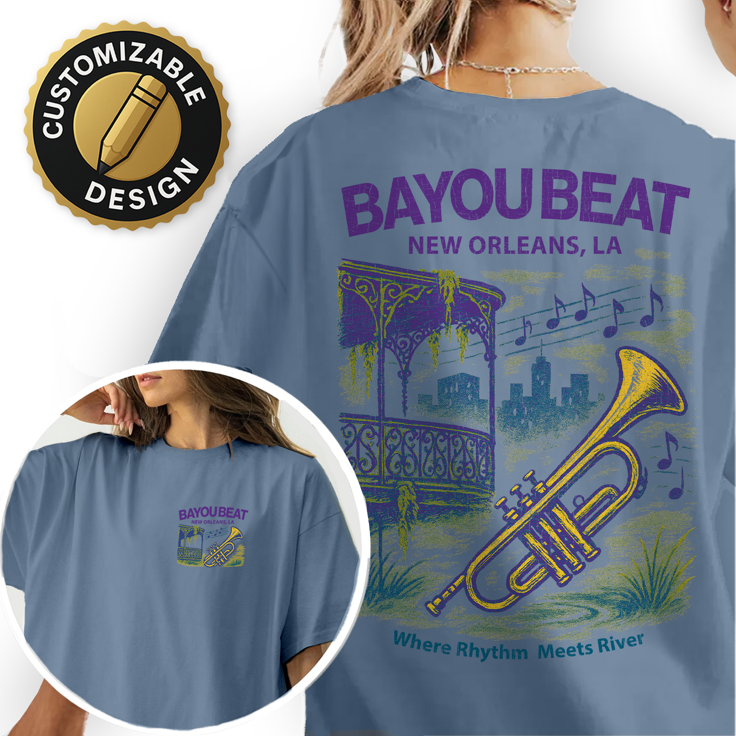 Bayou Beat New Orleans T-Shirt – Jazz Trumpet Tee, Music Riverfront Souvenir, Vintage French Quarter Shirt
