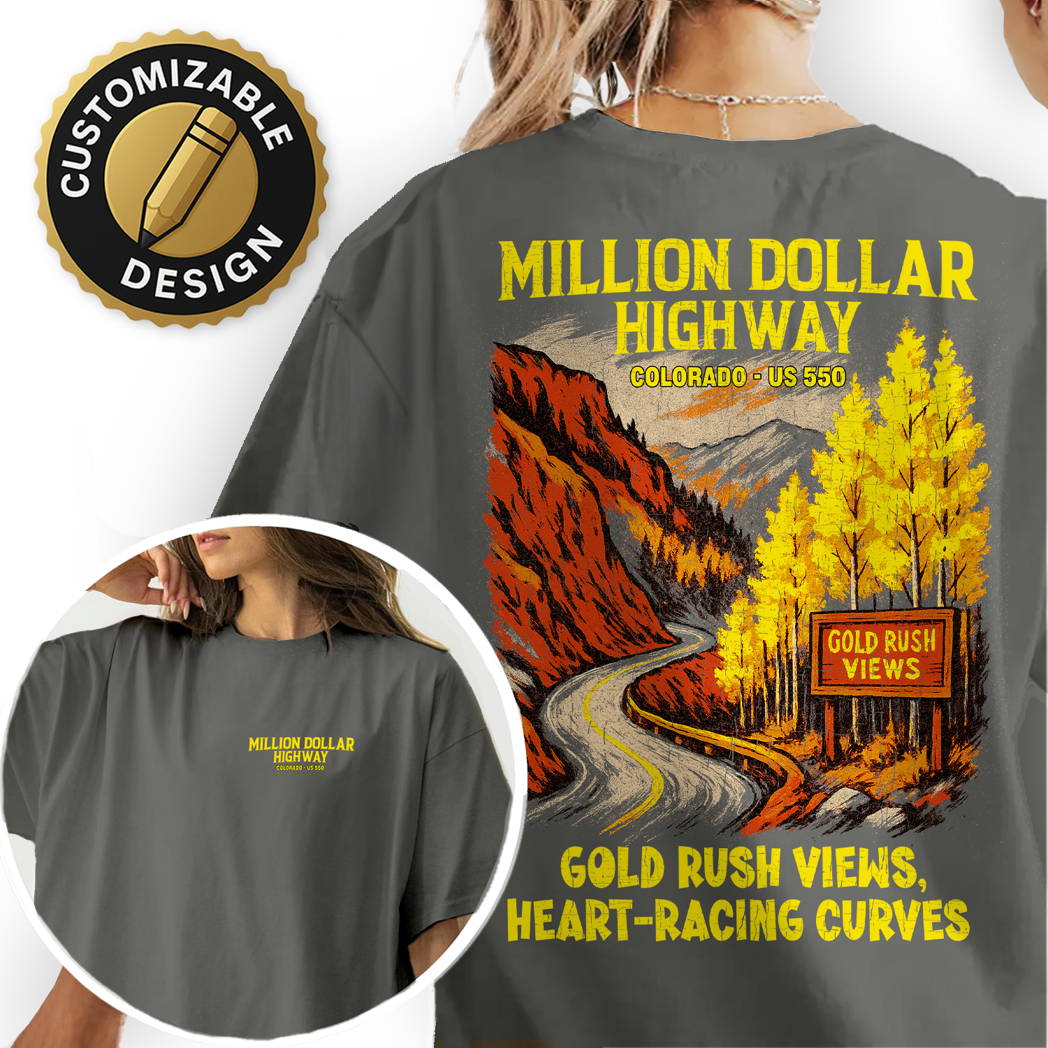 Million Dollar Highway Colorado t-shirt with scenic mountain road design, perfect souvenir for travelers and road trip enthusiasts.