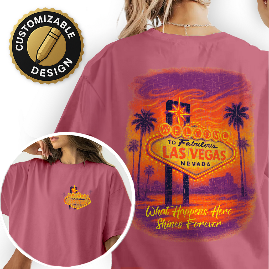 Vintage Las Vegas sunset t-shirt with iconic neon “Welcome” sign, perfect souvenir or gift for travelers and nightlife lovers.