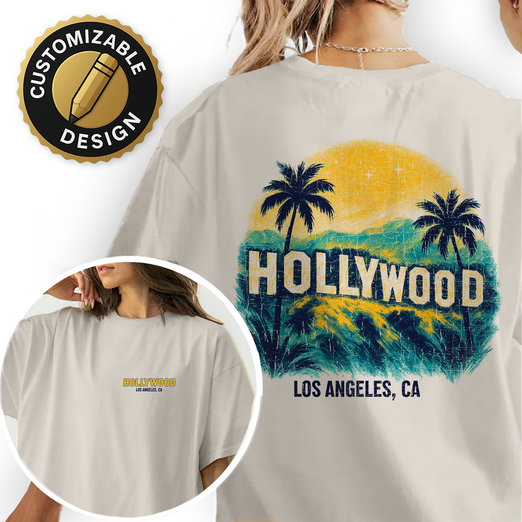 Vintage Hollywood Los Angeles T-Shirt – Retro Sunset & Palm Tree Graphic, California Travel Souvenir Tee