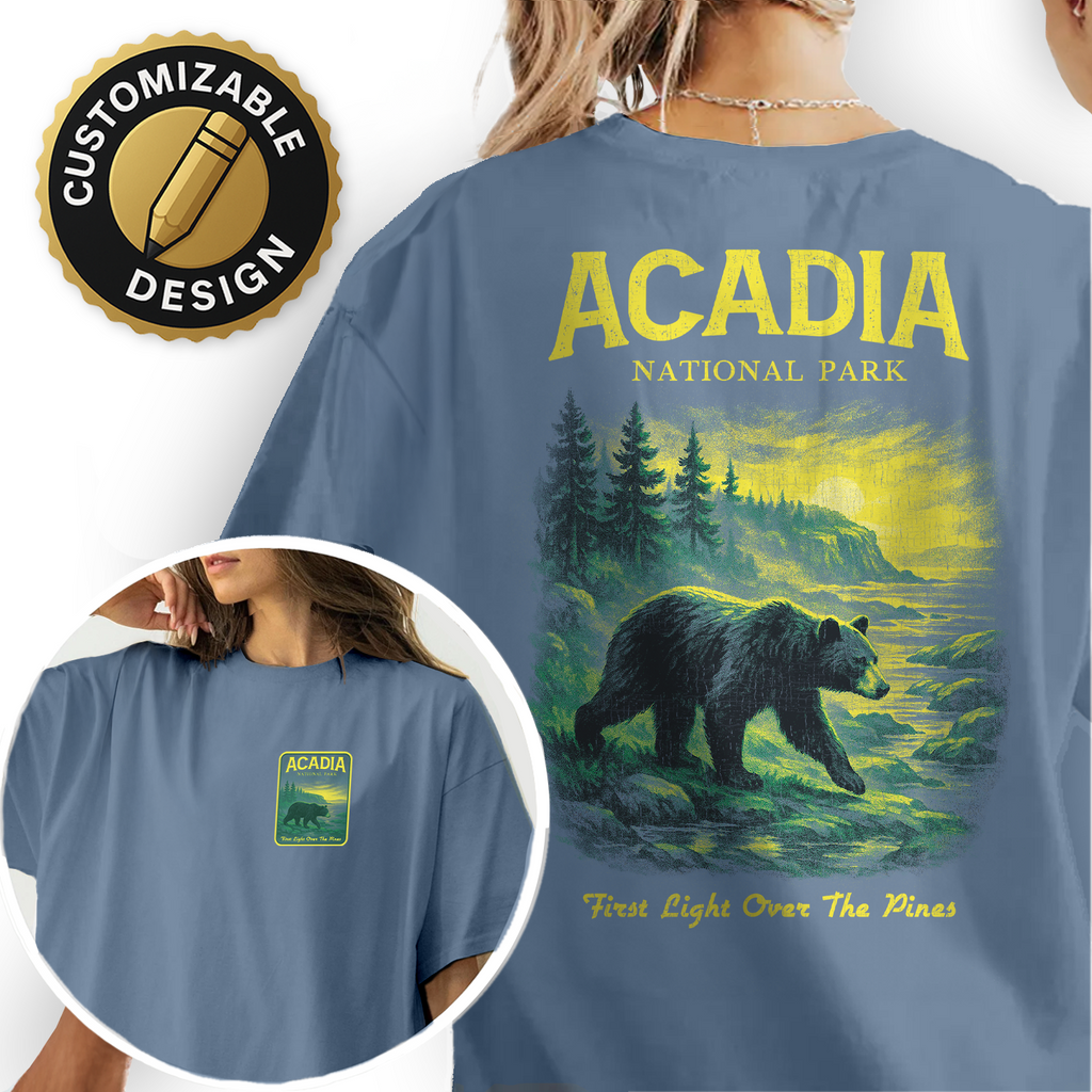 Acadia National Park Bear T-Shirt – Vintage Wilderness Hiking Tee, Nature Landscape Sunset Shirt, Outdoor Adventure Gift