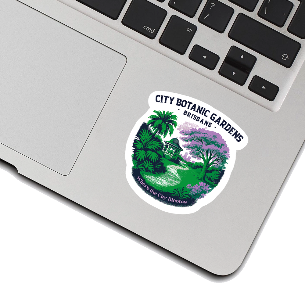 Brisbane Botanic Gardens Sticker – Floral City Park Decal, Purple Tree Gazebo Art for Laptops, Travel Journals & Gifts