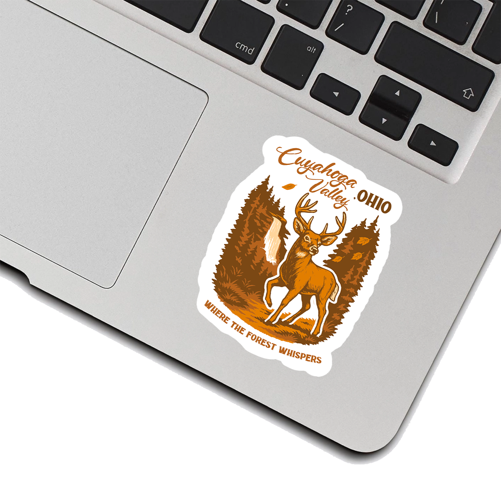 Cuyahoga Valley Ohio Sticker – Forest Deer Waterfall Art, “Where the Forest Whispers” National Park Vinyl Nature Decal