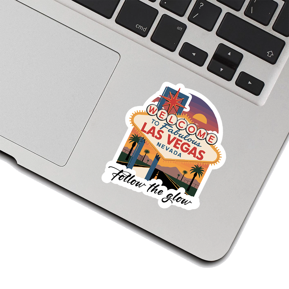 Las Vegas Sticker – Sunset Welcome Sign Art, “Follow the Glow” Nevada Road Trip Vinyl Decal for Travelers & Nightlife Fans