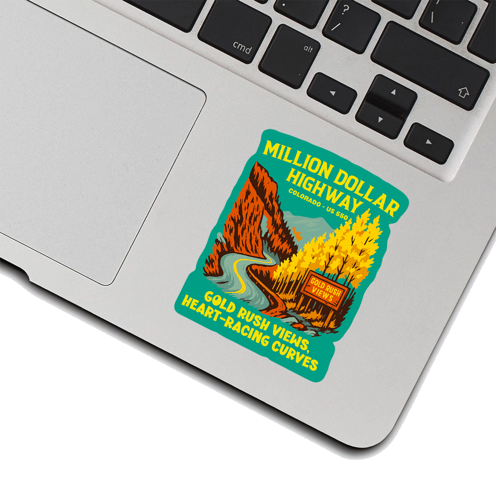 Million Dollar Highway Sticker – US 550 Scenic Drive Art, Colorado Autumn Road Trip Vinyl Decal with “Gold Rush Views” Quote
