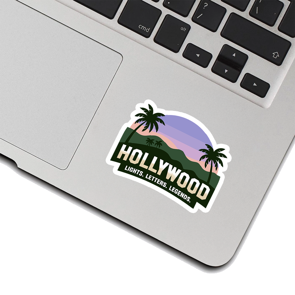 Hollywood Sticker – Sunset Palms & Hills Design, “Lights. Letters. Legends.” California Travel Vinyl Decal for Movie Lovers