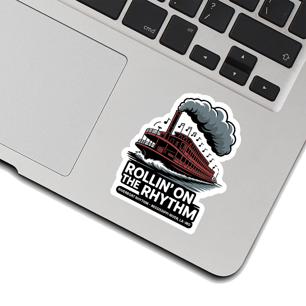 Mississippi Riverboat Sticker – Rollin’ on the Rhythm Design, Jazz Steamboat Souvenir Decal, Louisiana Missouri Travel Gift