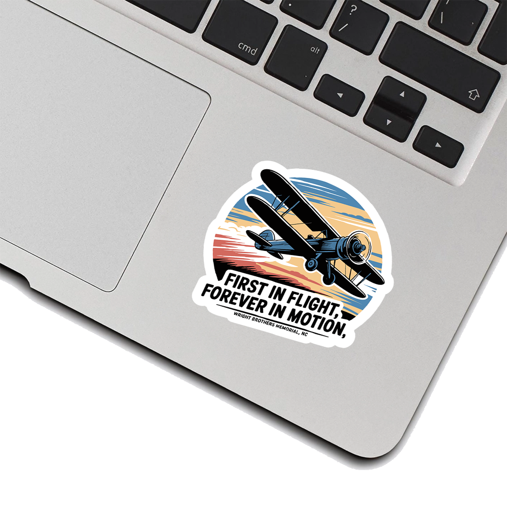 Wright Brothers Memorial vintage airplane sticker – First in Flight, Forever in Motion retro aviation travel decal