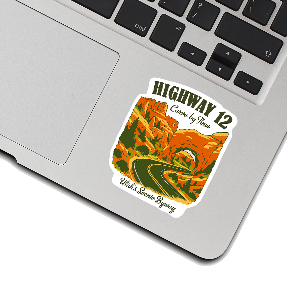 Highway 12 Utah Sticker – Scenic Byway Red Rock Arch Art, “Carved by Time” Desert Landscape Travel Vinyl Decal