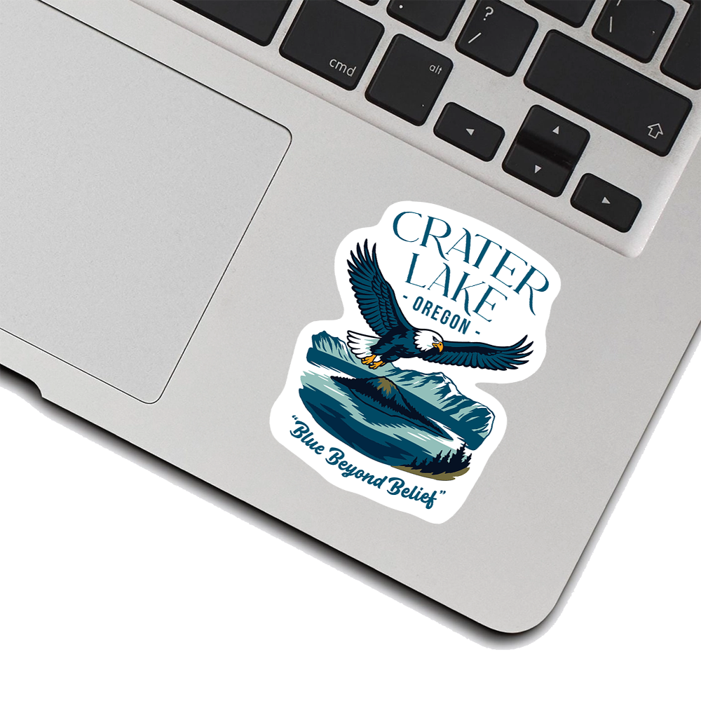 Crater Lake Oregon Sticker – Soaring Eagle Nature Scene, Deep Blue Lake Art Vinyl Decal with “Blue Beyond Belief” Quote