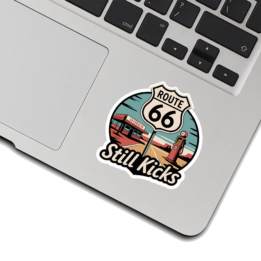 Route 66 Sticker – Retro Gas Pump & Diner Art, “Still Kicks” Classic Road Trip Vinyl Decal for Travelers & Vintage Lovers