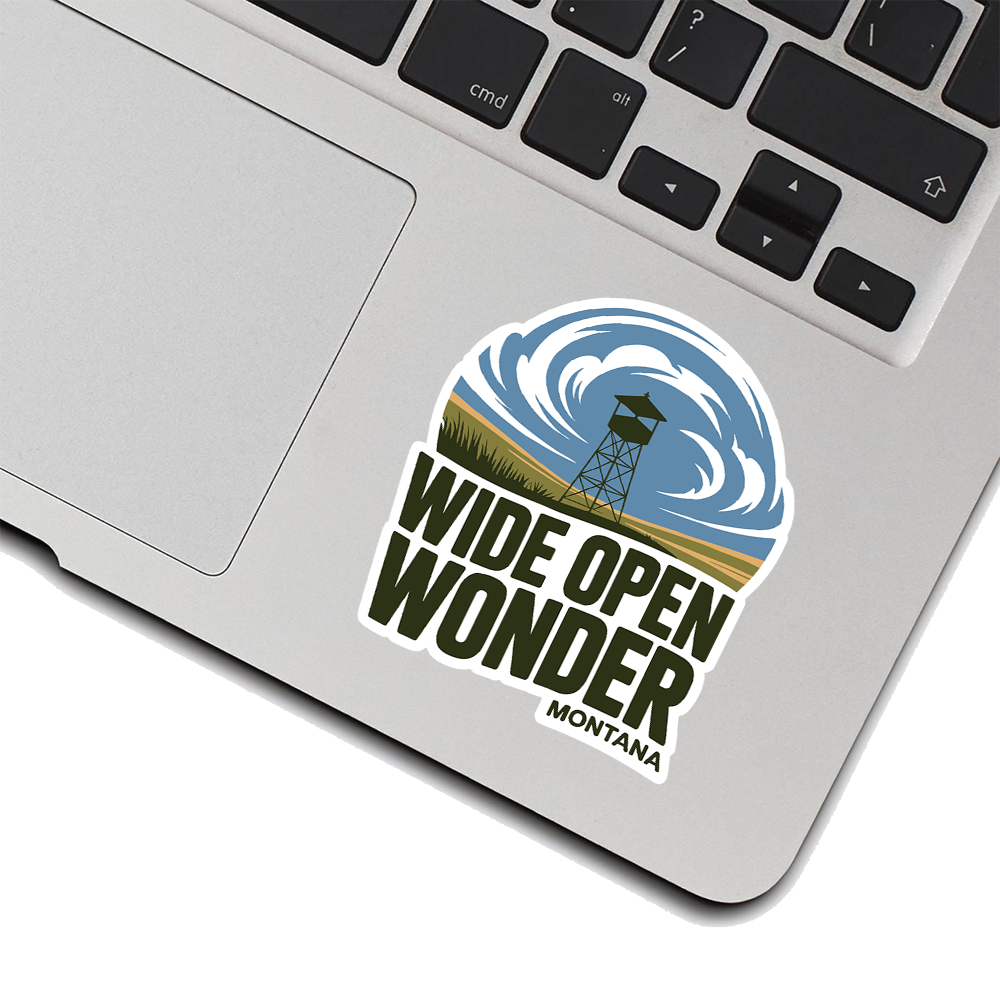 Wide Open Wonder Montana sticker – scenic lookout tower decal for hikers, travelers, and outdoor adventure lovers