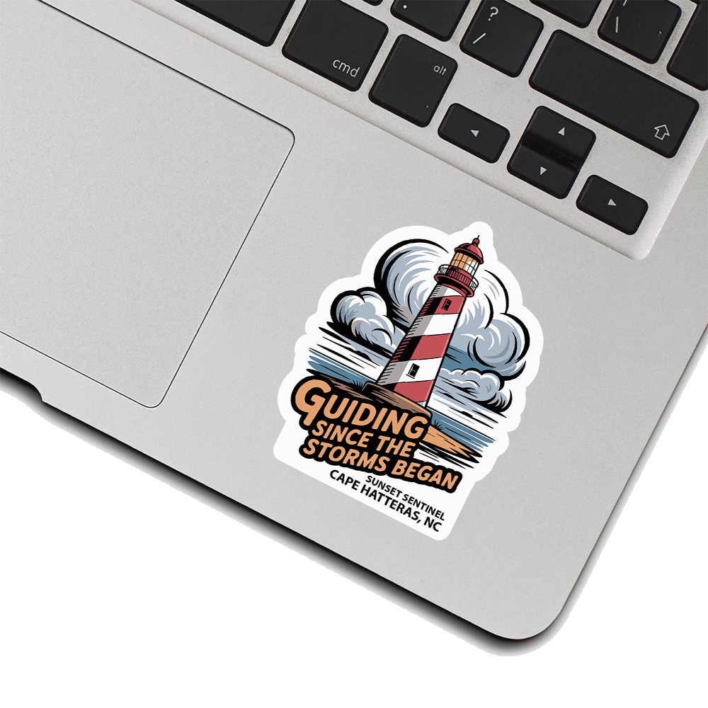 Lighthouse Sticker – Bold Stormy Coast Art, “Guiding Since the Storms Began” Nautical Vinyl Decal for Ocean & Sailor Lovers