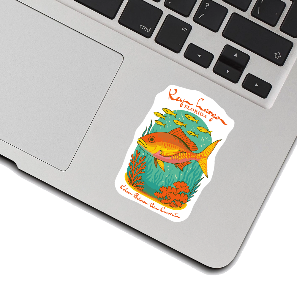 Key Largo Florida Sticker – Colorful Reef Fish & Coral Art, “Color Below the Current” Ocean Vinyl Decal for Dive & Beach Lovers