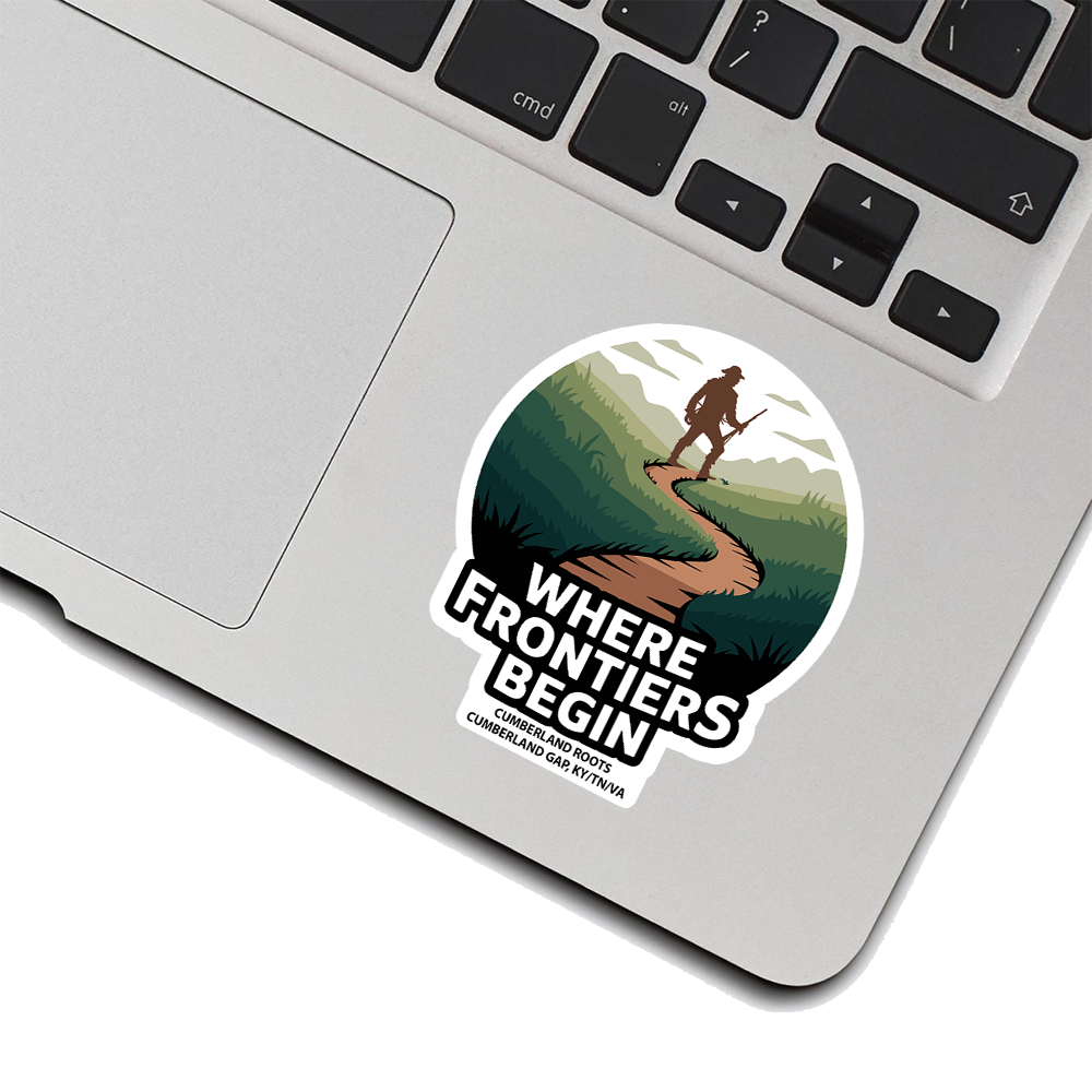 Cumberland Gap Sticker – Where Frontiers Begin Pioneer Trail Design, Kentucky Tennessee Virginia Souvenir Decal