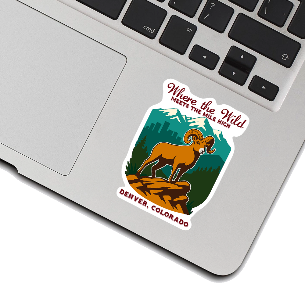 Denver Colorado Sticker – Bighorn Sheep & Mountain Scene, “Where the Wild Meets the Mile High” Nature City Vinyl Decal