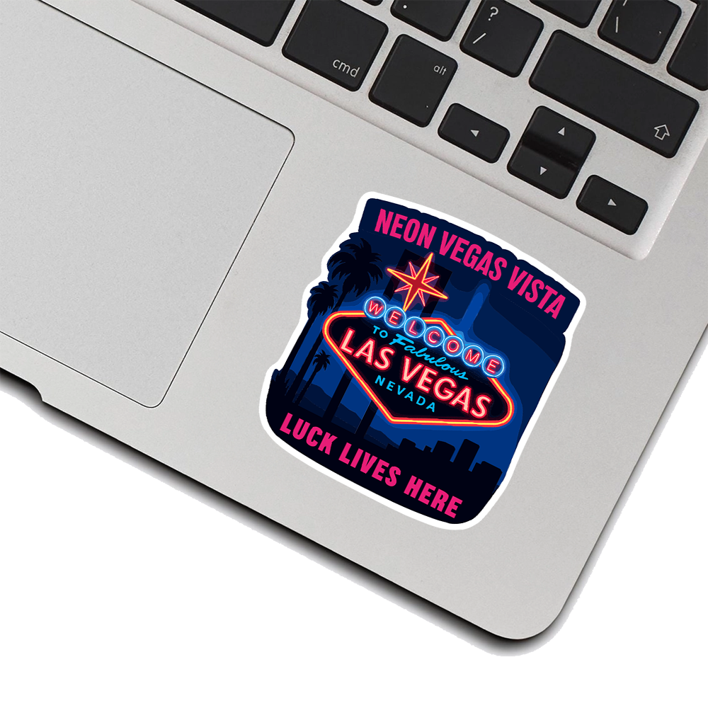 Las Vegas Sticker – Neon Sign Cityscape Art, “Luck Lives Here” Retro Night Vista Vinyl Decal for Vegas & Casino Lovers