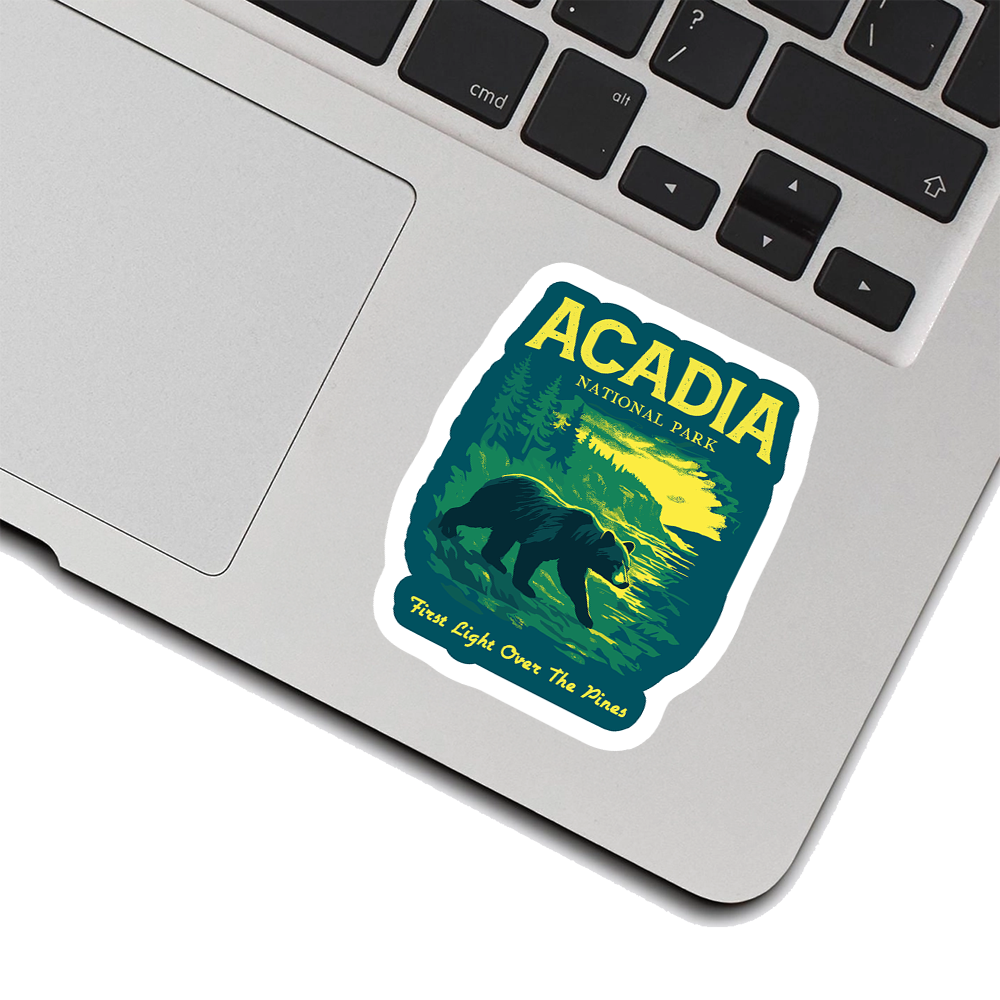 Acadia National Park Sticker – Bear and Sunrise Design, First Light Over the Pines, Nature Hiking Adventure Decal