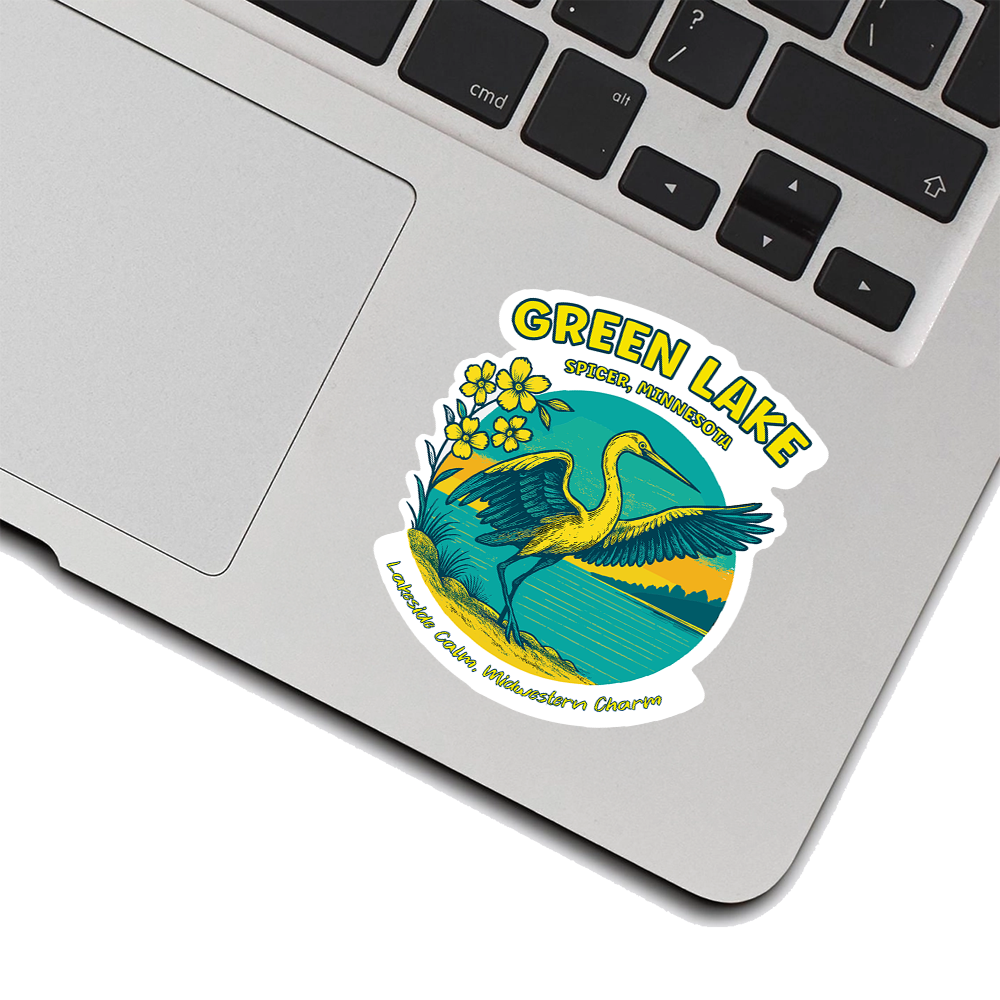 Green Lake Minnesota Sticker – Spicer Heron Art, “Lakeside Calm” Midwestern Nature Scene Vinyl Decal for Travel & Bird Lovers