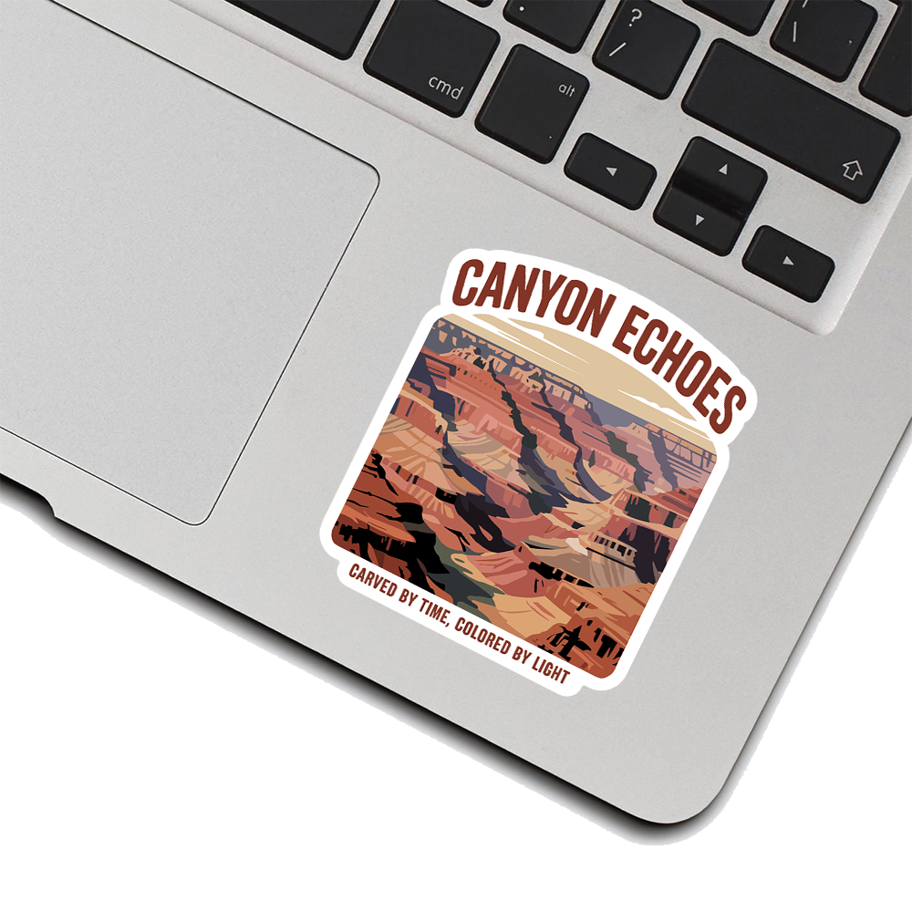 Canyon Echoes Sticker – Grand Canyon Landscape Art, Desert Vista Vinyl Decal with “Carved by Time” Travel Quote