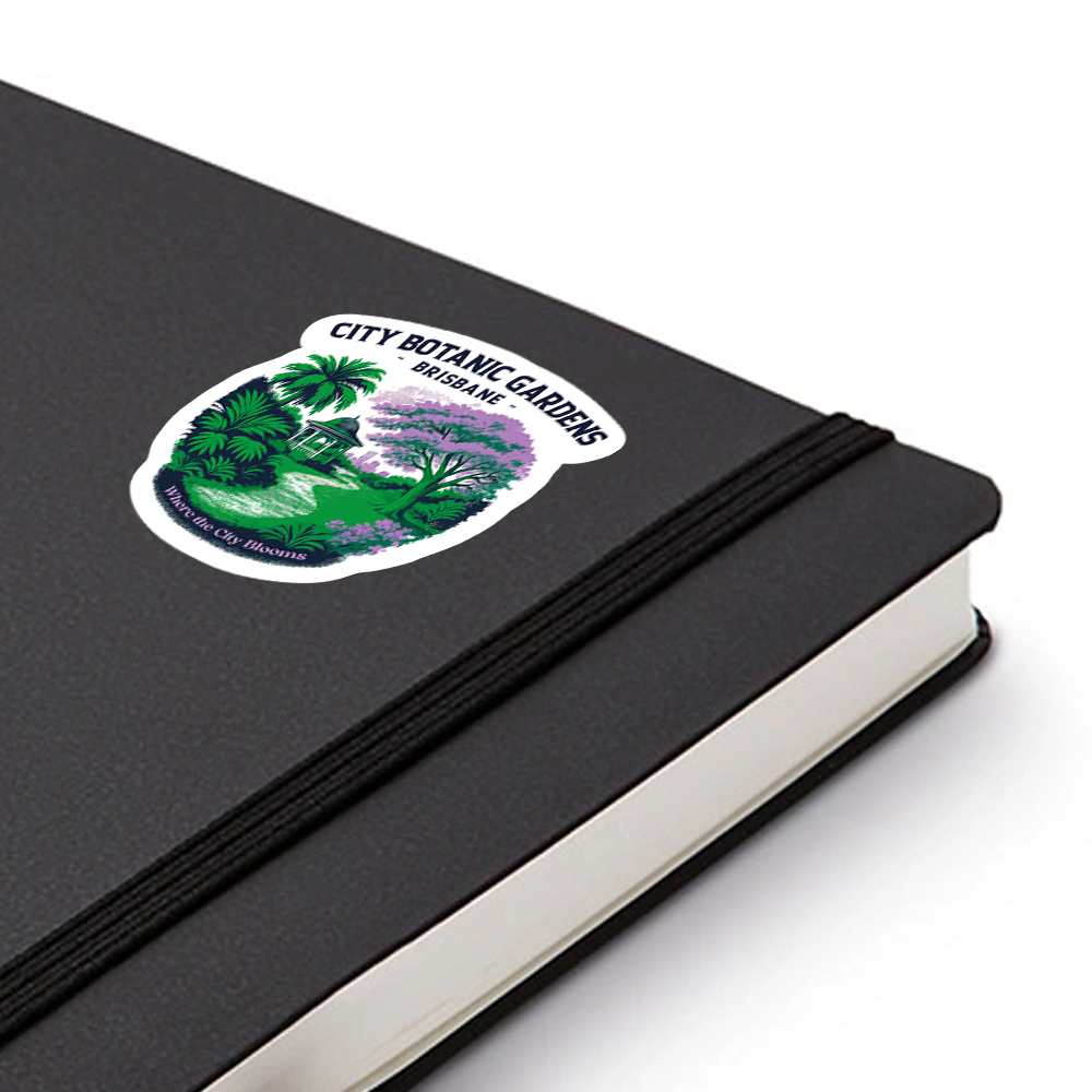 Brisbane Botanic Gardens Sticker – Floral City Park Decal, Purple Tree Gazebo Art for Laptops, Travel Journals & Gifts