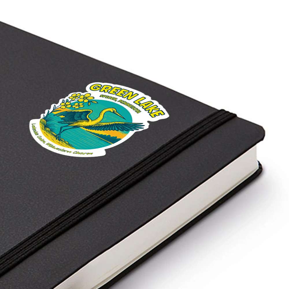 Green Lake Minnesota Sticker – Spicer Heron Art, “Lakeside Calm” Midwestern Nature Scene Vinyl Decal for Travel & Bird Lovers