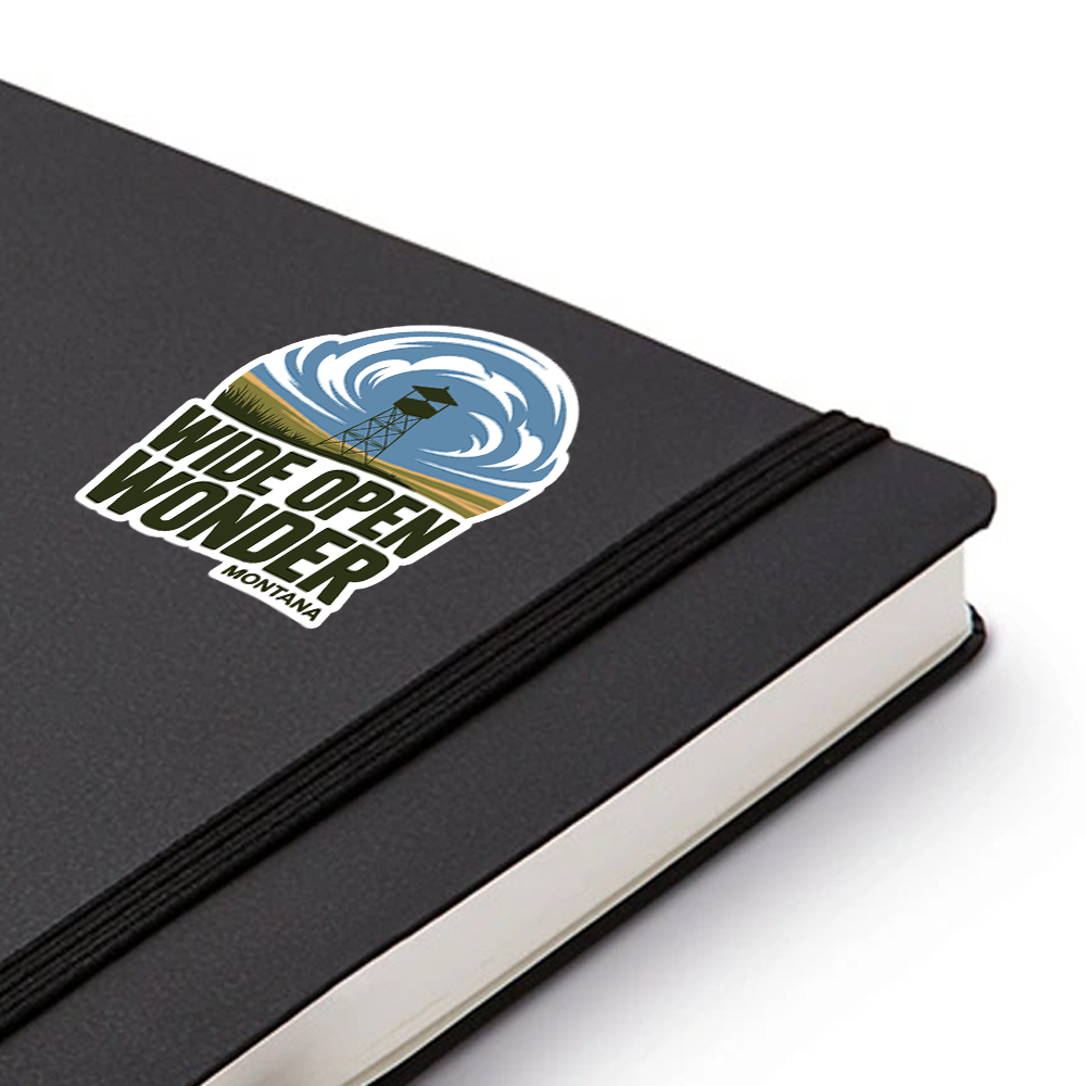 Wide Open Wonder Montana sticker – scenic lookout tower decal for hikers, travelers, and outdoor adventure lovers