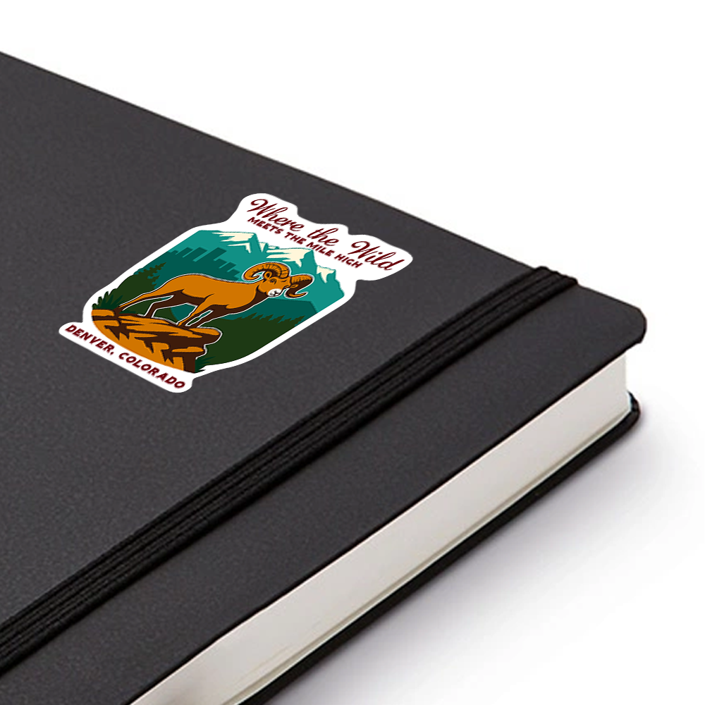 Denver Colorado Sticker – Bighorn Sheep & Mountain Scene, “Where the Wild Meets the Mile High” Nature City Vinyl Decal