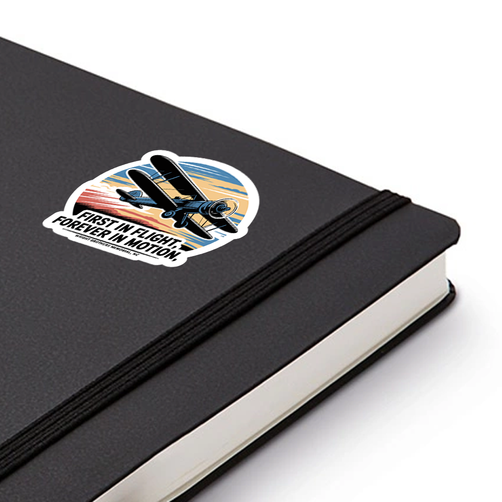Wright Brothers Memorial vintage airplane sticker – First in Flight, Forever in Motion retro aviation travel decal