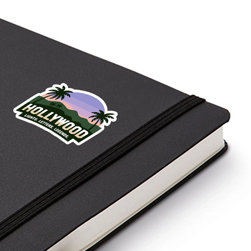 Hollywood Sticker – Sunset Palms & Hills Design, “Lights. Letters. Legends.” California Travel Vinyl Decal for Movie Lovers