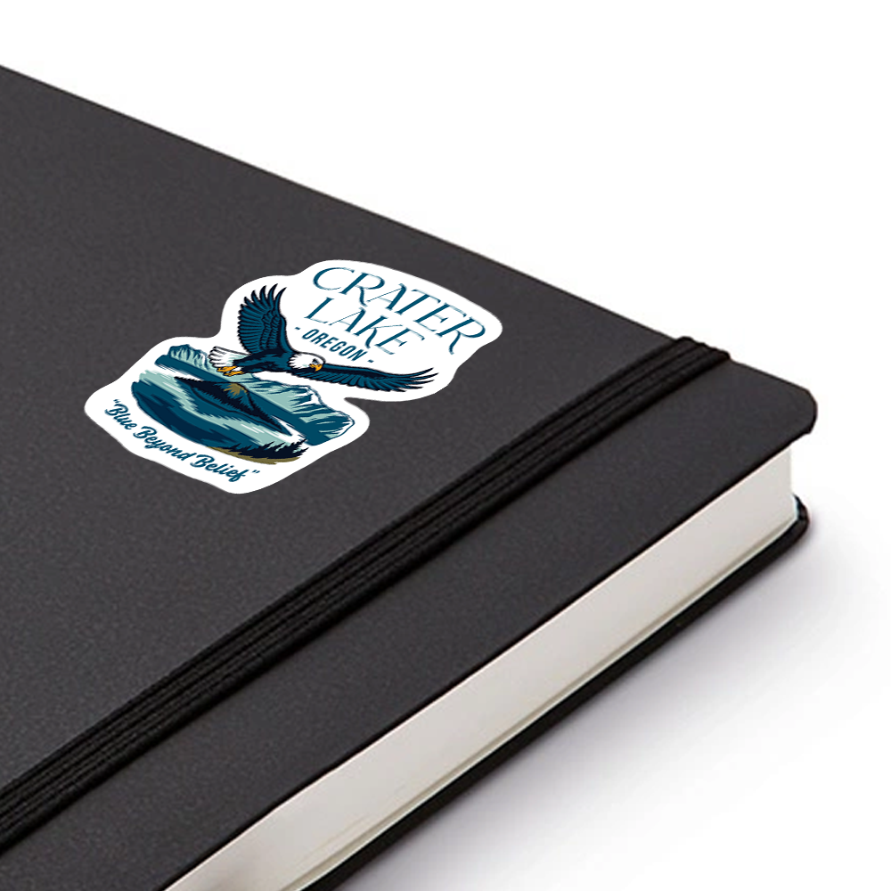 Crater Lake Oregon Sticker – Soaring Eagle Nature Scene, Deep Blue Lake Art Vinyl Decal with “Blue Beyond Belief” Quote