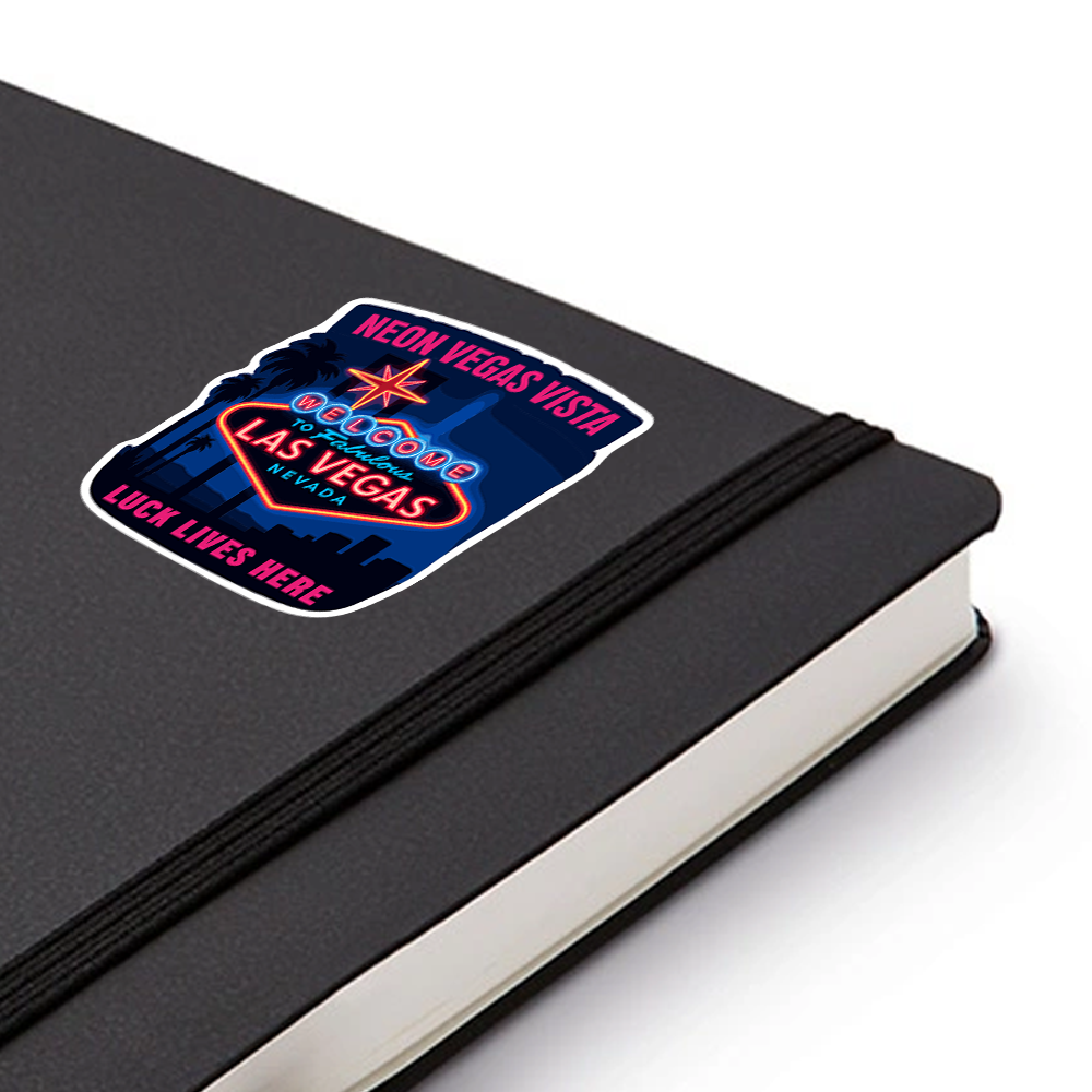 Las Vegas Sticker – Neon Sign Cityscape Art, “Luck Lives Here” Retro Night Vista Vinyl Decal for Vegas & Casino Lovers