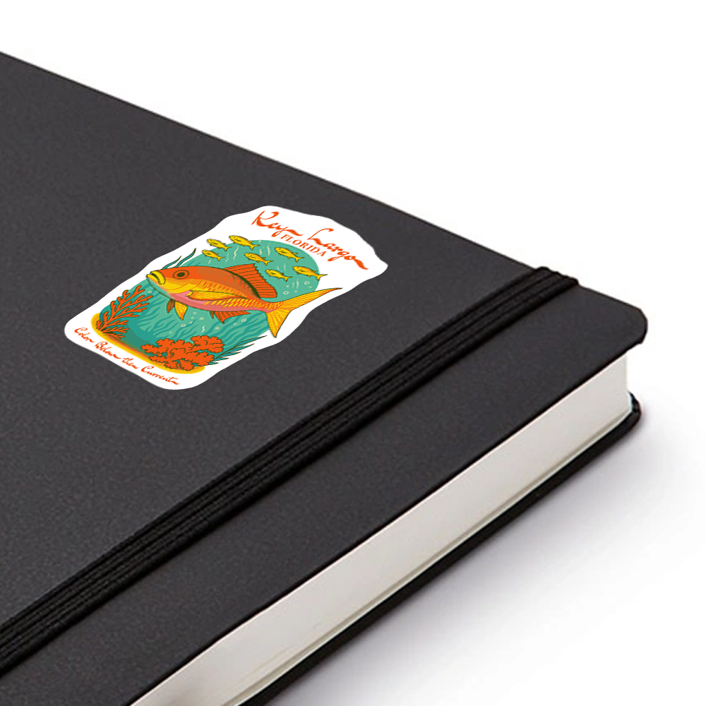 Key Largo Florida Sticker – Colorful Reef Fish & Coral Art, “Color Below the Current” Ocean Vinyl Decal for Dive & Beach Lovers
