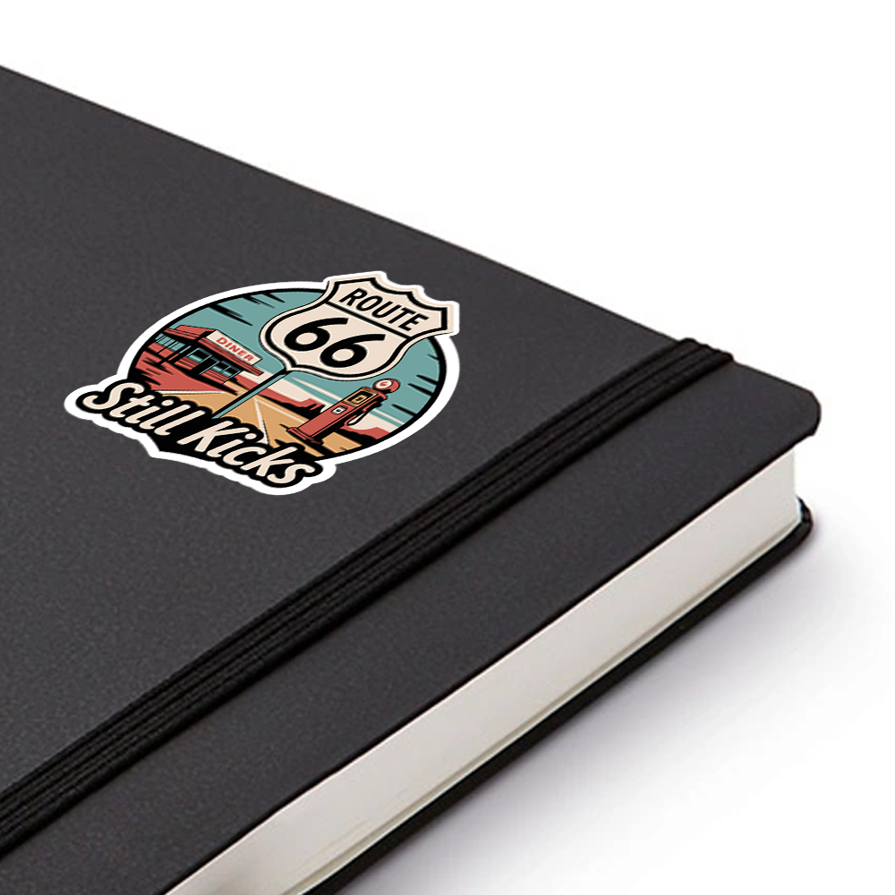 Route 66 Sticker – Retro Gas Pump & Diner Art, “Still Kicks” Classic Road Trip Vinyl Decal for Travelers & Vintage Lovers