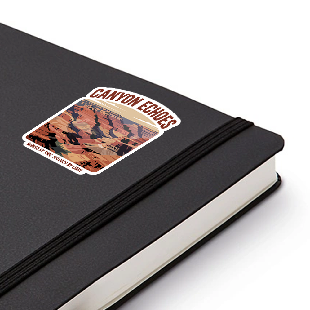 Canyon Echoes Sticker – Grand Canyon Landscape Art, Desert Vista Vinyl Decal with “Carved by Time” Travel Quote