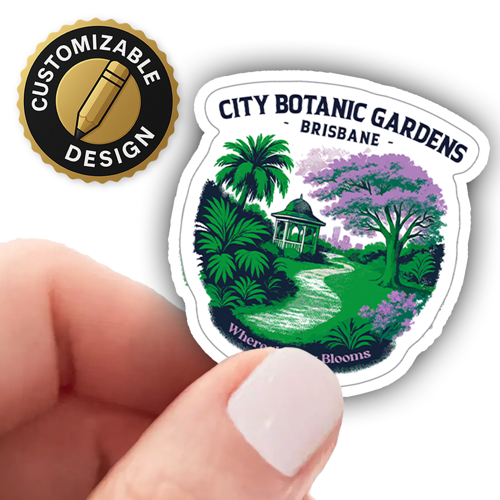 Brisbane Botanic Gardens Sticker – Floral City Park Decal, Purple Tree Gazebo Art for Laptops, Travel Journals & Gifts