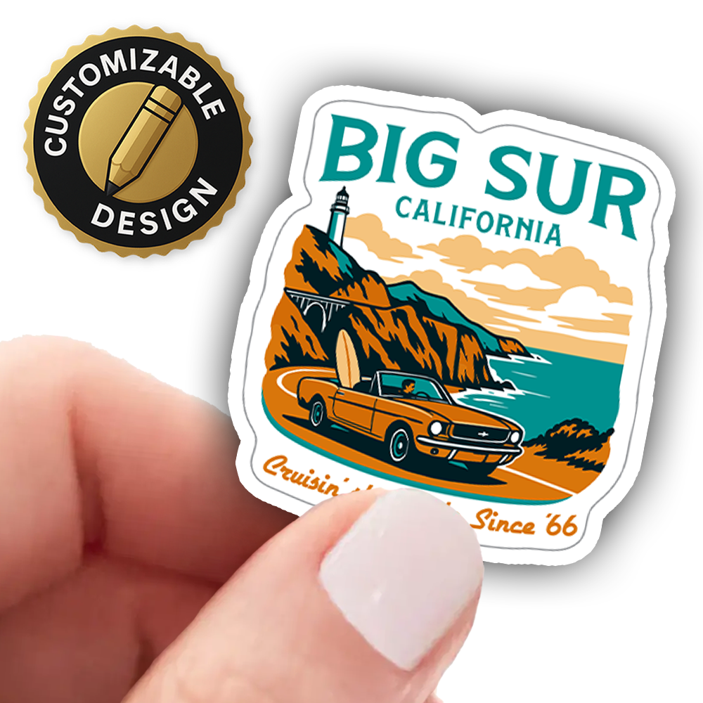Big Sur California Retro Sticker – Mustang Coastal Drive Decal for Car, Laptop, Water Bottle, Travel Gift