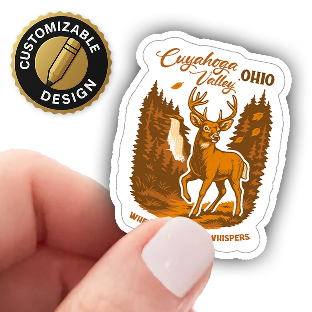 Cuyahoga Valley Ohio Sticker – Forest Deer Waterfall Art, “Where the Forest Whispers” National Park Vinyl Nature Decal