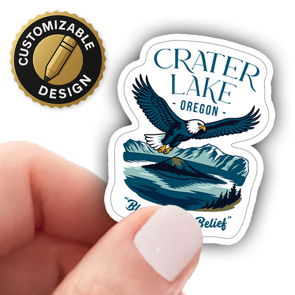 Crater Lake Oregon Sticker – Soaring Eagle Nature Scene, Deep Blue Lake Art Vinyl Decal with “Blue Beyond Belief” Quote