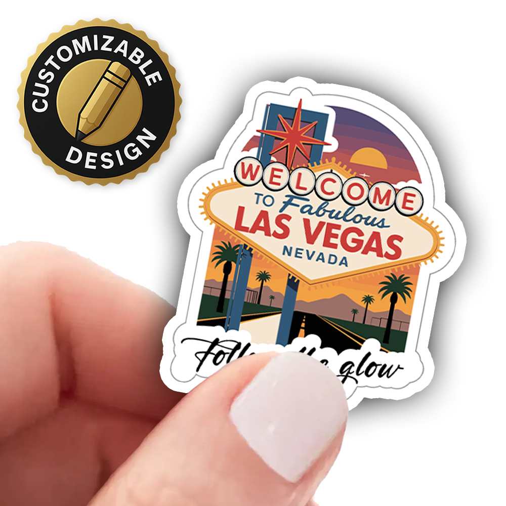 Las Vegas Sticker – Sunset Welcome Sign Art, “Follow the Glow” Nevada Road Trip Vinyl Decal for Travelers & Nightlife Fans