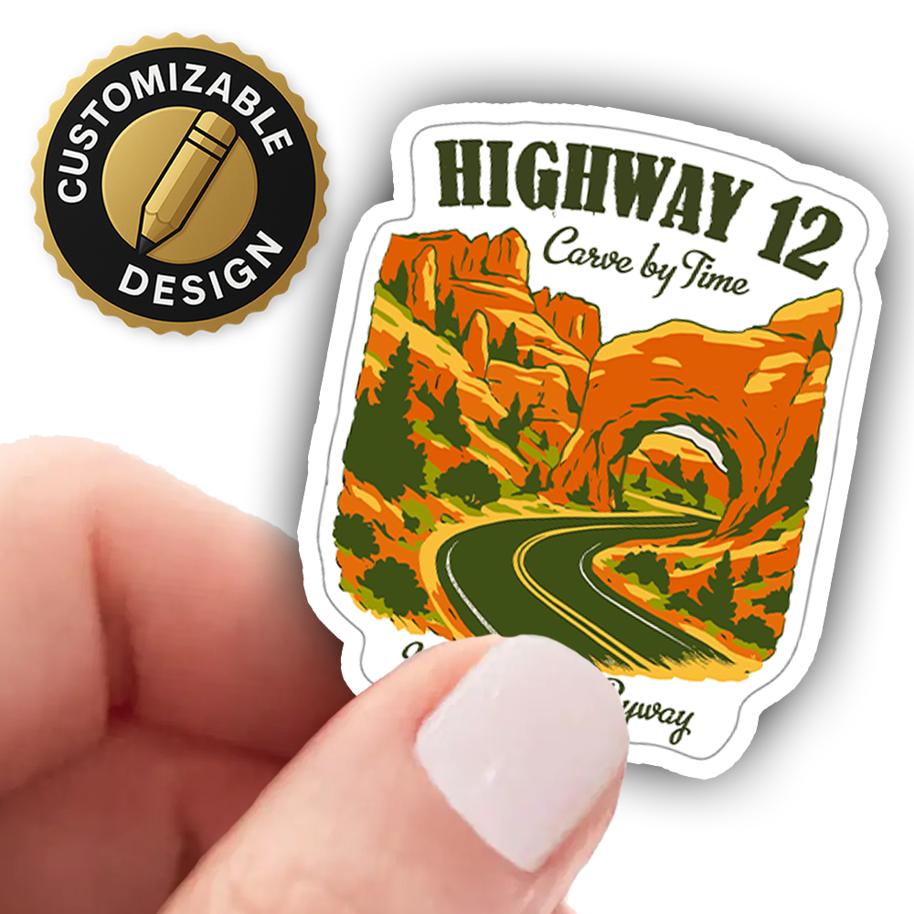 Highway 12 Utah Sticker – Scenic Byway Red Rock Arch Art, “Carved by Time” Desert Landscape Travel Vinyl Decal
