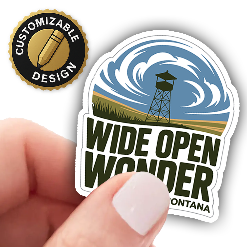 Wide Open Wonder Montana sticker – scenic lookout tower decal for hikers, travelers, and outdoor adventure lovers