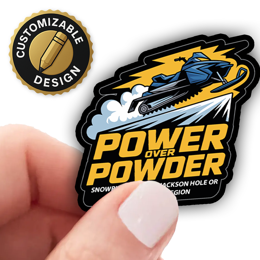 Snowmobile Sticker – Power Over Powder Design, Jackson Hole or Adirondacks Region, Winter Adventure Sports Decal