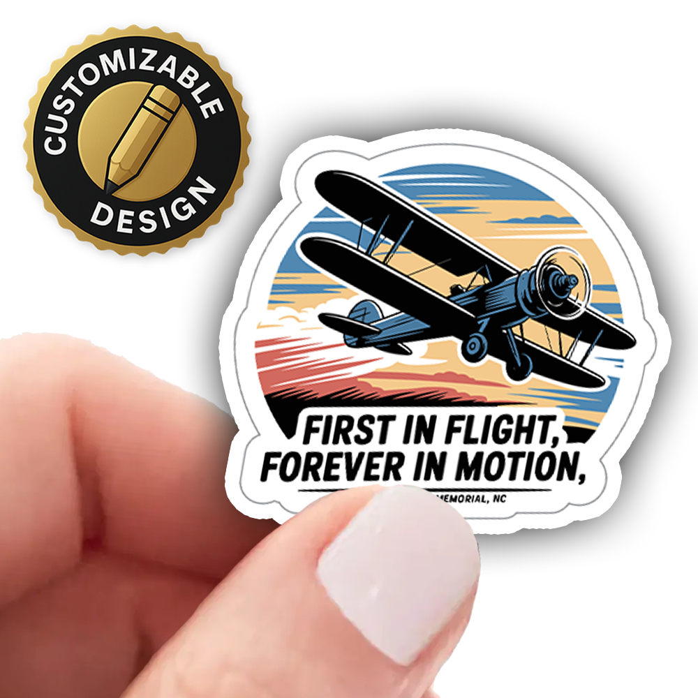 Wright Brothers Memorial vintage airplane sticker – First in Flight, Forever in Motion retro aviation travel decal