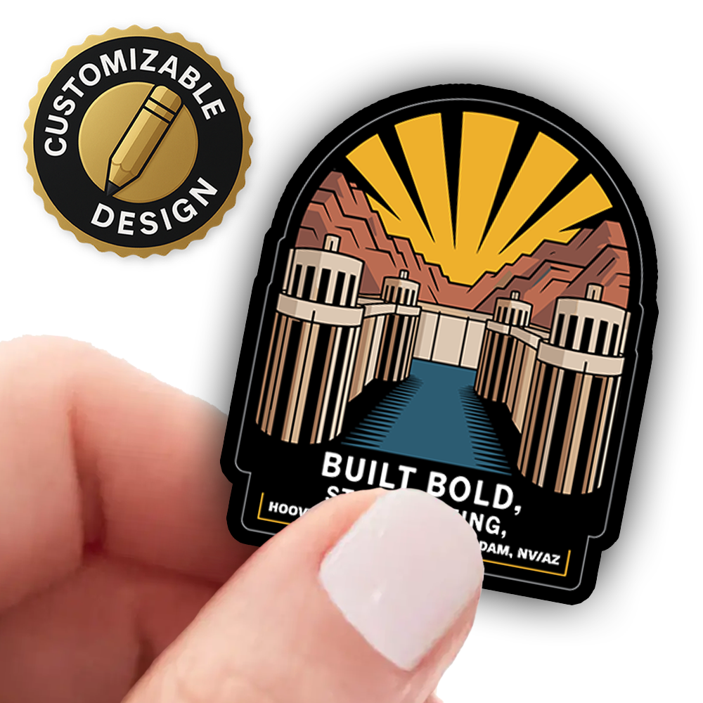 Hoover Dam Sticker – Built Bold Still Buzzing Design, Nevada Arizona Travel Souvenir Decal, Hoover Blueprint Art