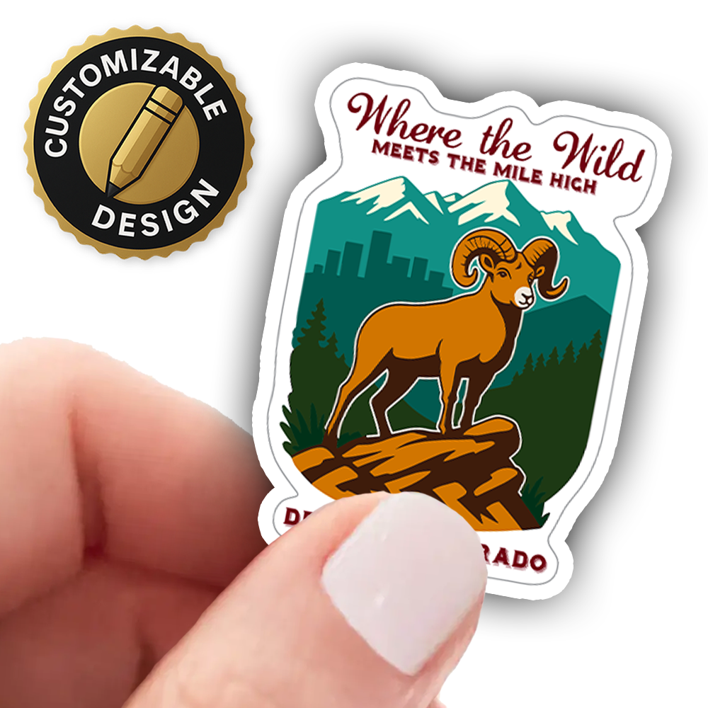 Denver Colorado Sticker – Bighorn Sheep & Mountain Scene, “Where the Wild Meets the Mile High” Nature City Vinyl Decal